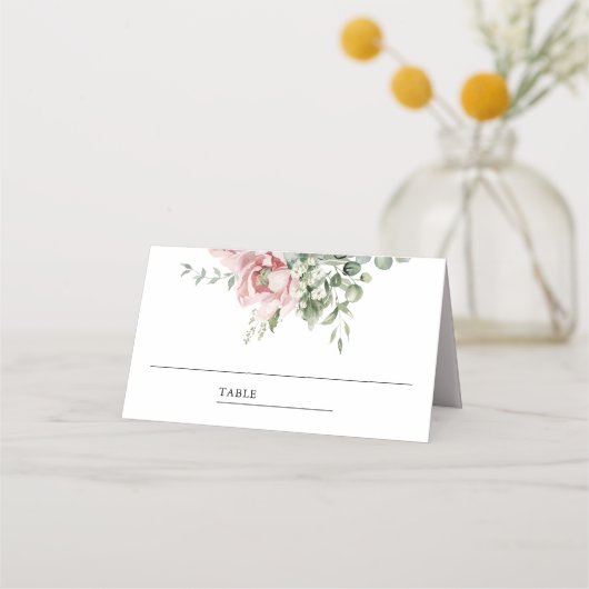 Blush roze bloemen eucalyptus bruiloft plaatskaartje (Voorkant)