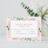 Blush roze bloemen eucalyptus bruiloft RSVP kaartje (Staand voorkant)