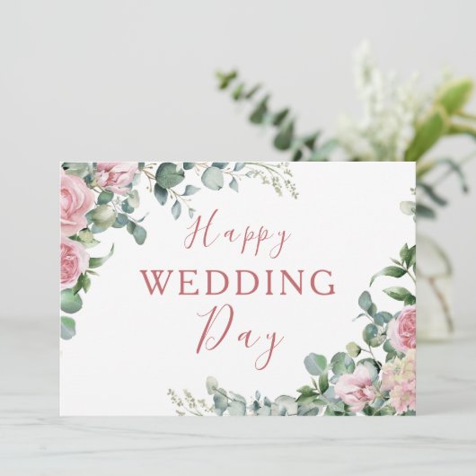 Blush Roze Bloemen Eucalyptus Gelukkige Bruiloft D Kaart (Staand voorkant)