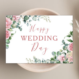 Blush Roze Bloemen Eucalyptus Gelukkige Bruiloft D Kaart