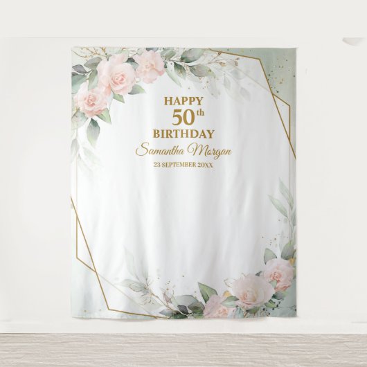 Blush roze bloemen eucalyptus Gold 50e verjaardag Wandkleed (Voorkant)