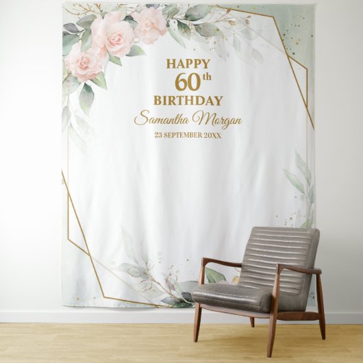 Blush roze bloemen eucalyptus Gold 60e verjaardag Wandkleed (In situ)