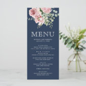 Blush Roze Bloemen Eucalyptus Marine Blauw Huwelij Menu (Staand voorkant)