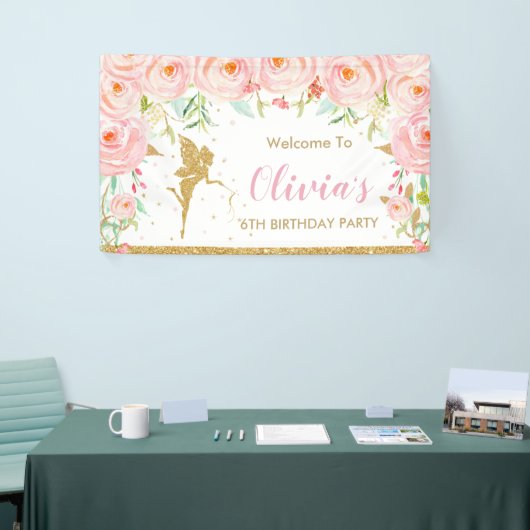 Blush Roze Bloemen Fairy Verjaardag Douche Achterg Spandoek (Beurs)