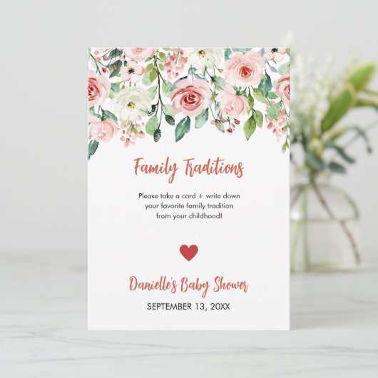 Blush Roze Bloemen Familie Tradities Baby shower Aankondiging (Staand voorkant)
