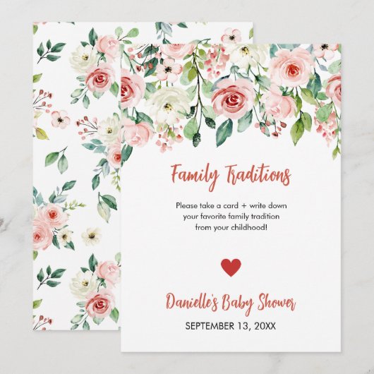 Blush Roze Bloemen Familie Tradities Baby shower Aankondiging (Voorkant / Achterkant)