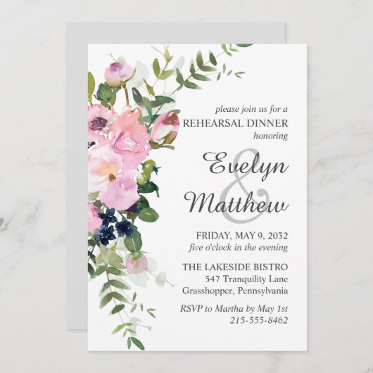 Blush Roze bloemen Floral Bouquet Grey repesal Kaart (Voorkant / Achterkant)