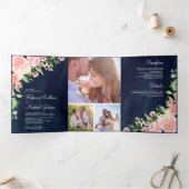 Blush Roze Bloemen Foto Collage Marine Blauw Bruil Drieluik Uitnodiging (Binnen)