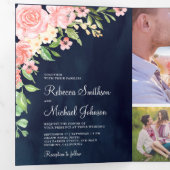 Blush Roze Bloemen Foto Collage Marine Blauw Bruil Drieluik Uitnodiging (Binnenzijde eerst)