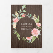 Blush Roze Bloemen Fotoschuur Hout Bruiloft Drieluik Uitnodiging (Cover)