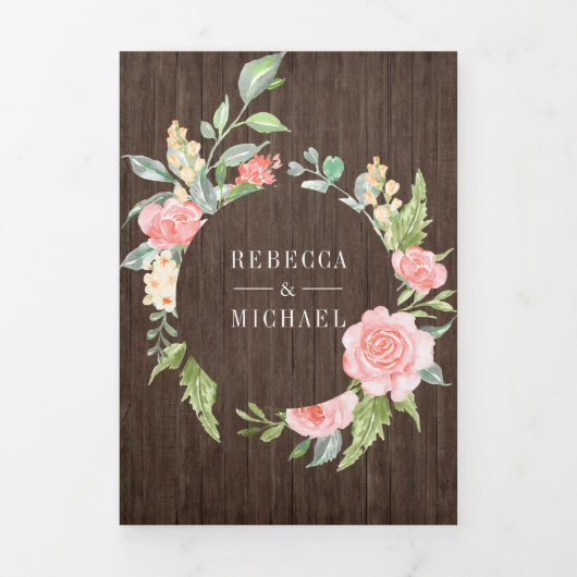 Blush Roze Bloemen Fotoschuur Hout Bruiloft Drieluik Uitnodiging (Cover)