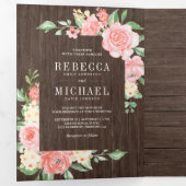Blush Roze Bloemen Fotoschuur Hout Bruiloft Drieluik Uitnodiging (Binnenzijde eerst)
