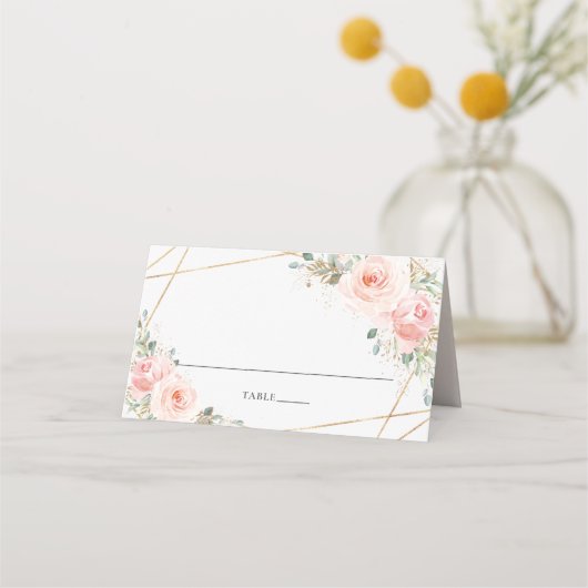 Blush Roze Bloemen Geometrische Bruiloft Gast Naam Plaatskaartje (Voorkant)