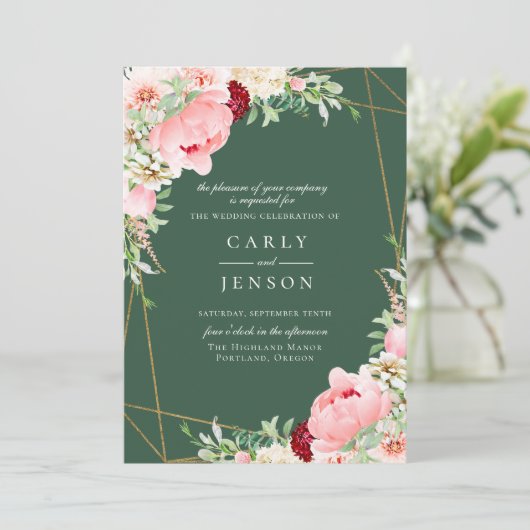 Blush Roze Bloemen Geometrische Groene Bruiloft Kaart (Staand voorkant)