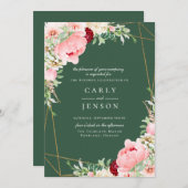 Blush Roze Bloemen Geometrische Groene Bruiloft Kaart (Voorkant / Achterkant)