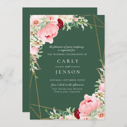Blush Roze Bloemen Geometrische Groene Bruiloft Kaart (Voorkant / Achterkant)