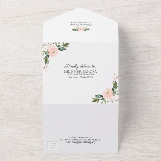 Blush roze bloemen geometrische Spaanse bruiloft All In One Uitnodiging (Buitenkant)