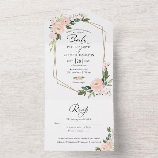 Blush roze bloemen geometrische Spaanse bruiloft All In One Uitnodiging (Binnen)