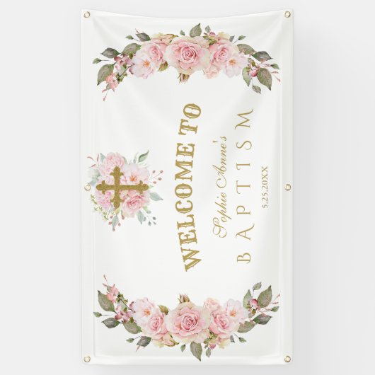 Blush roze bloemen Gold Baptism Welkomstteken Spandoek (Verticaal)