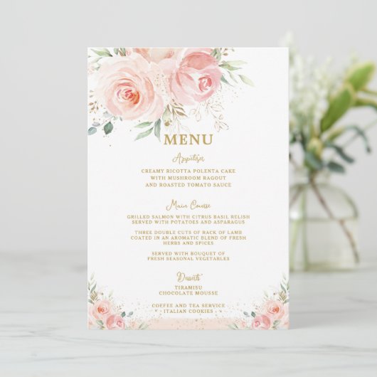 Blush Roze Bloemen Goud Bruids Baby shower Menu (Staand voorkant)