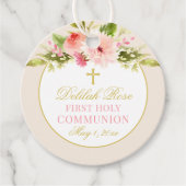 Blush Roze Bloemen Goud Cross Eerste Communie Meis Bedankjes Labels (Voorkant)