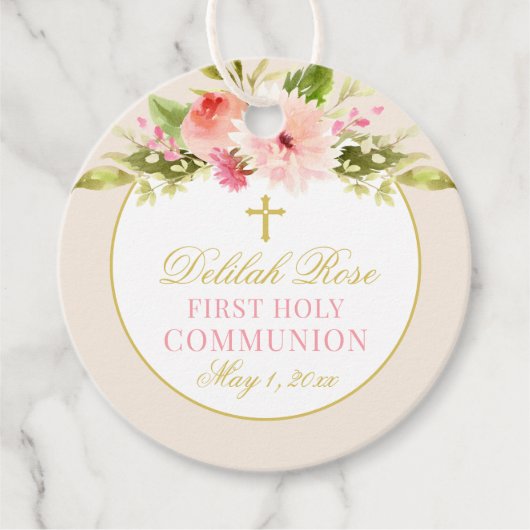 Blush Roze Bloemen Goud Cross Eerste Communie Meis Bedankjes Labels (Voorkant)