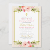 Blush Roze Bloemen Goud Cross Eerste Communie Meis Kaart (Voorkant)