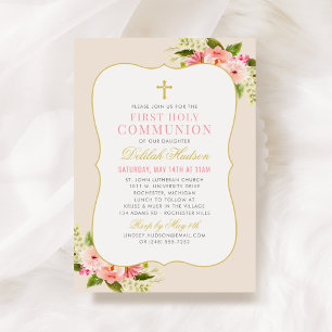 Blush Roze Bloemen Goud Cross Eerste Communie Meis Kaart