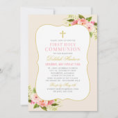 Blush Roze Bloemen Goud Cross Eerste Communie Meis Kaart (Voorkant)