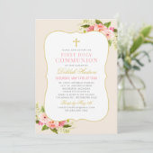Blush Roze Bloemen Goud Cross Eerste Communie Meis Kaart (Staand voorkant)