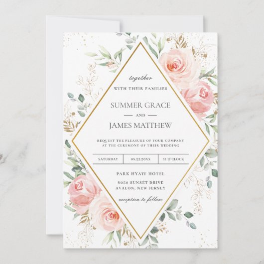 Blush Roze Bloemen Goud Diamant Geometrische Bruil Kaart (Voorkant)
