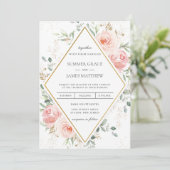 Blush Roze Bloemen Goud Diamant Geometrische Bruil Kaart (Staand voorkant)