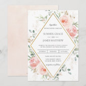 Blush Roze Bloemen Goud Diamant Geometrische Bruil Kaart (Voorkant / Achterkant)
