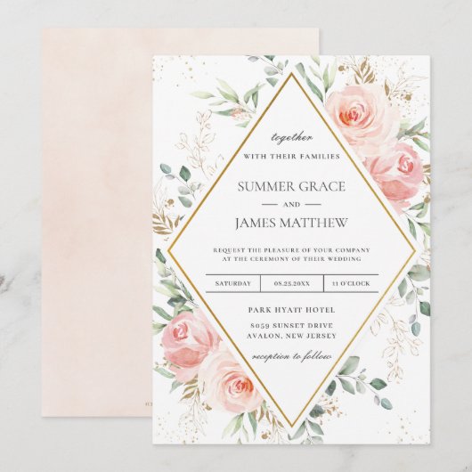 Blush Roze Bloemen Goud Diamant Geometrische Bruil Kaart (Voorkant / Achterkant)
