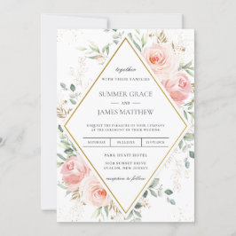 Blush Roze Bloemen Goud Diamant Geometrische Bruil Kaart