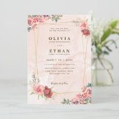 Blush Roze Bloemen Goud Geometrische bruiloft Kaart (Staand voorkant)