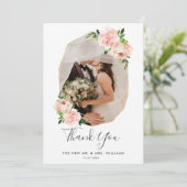 Blush Roze Bloemen Goud Geometrische Foto Bruiloft Bedankkaart (Staand voorkant)