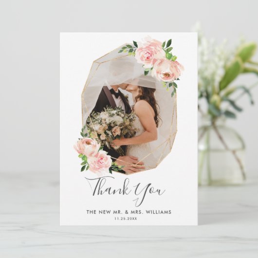 Blush Roze Bloemen Goud Geometrische Foto Bruiloft Bedankkaart (Staand voorkant)