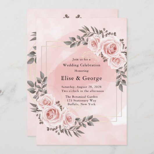 Blush Roze Bloemen Goud Kristal Geometrische Bruil Kaart (Voorkant / Achterkant)