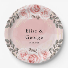 Blush Roze Bloemen Goud Kristal Geometrische Bruil Papieren Bordje