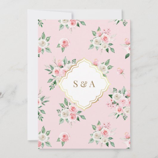 Blush Roze Bloemen Goud Lijst Moslim Bruiloft Kaart (Achterkant)