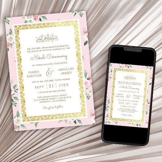 Blush Roze Bloemen Goud Lijst Moslim Bruiloft Kaart