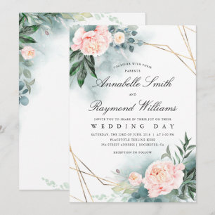 Blush Roze Bloemen Goud Lijst Pioenenbruiloft Kaart