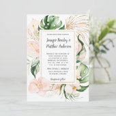 Blush Roze Bloemen Goud Lijst Tropische bruiloft Kaart (Staand voorkant)