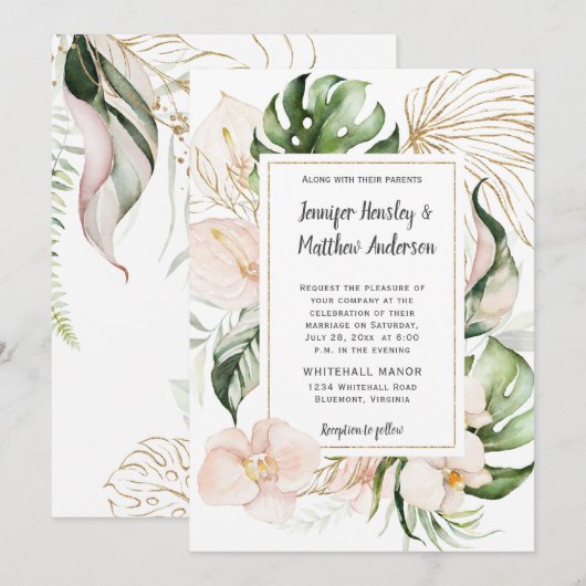Blush Roze Bloemen Goud Lijst Tropische bruiloft Kaart (Voorkant / Achterkant)