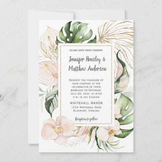 Blush Roze Bloemen Goud Lijst Tropische bruiloft Kaart (Voorkant)