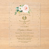Blush Roze Bloemen Goud Meisje Eerste Heilige Comm Acryl Uitnodigingen (Voorkant)