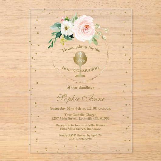 Blush Roze Bloemen Goud Meisje Eerste Heilige Comm Acryl Uitnodigingen (Voorkant)