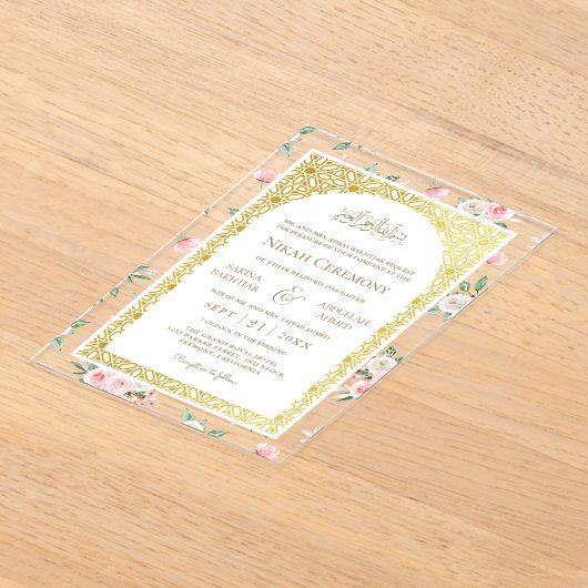 Blush Roze Bloemen Goud Patroon Moslim Bruiloft Acryl Uitnodigingen (Laagn)