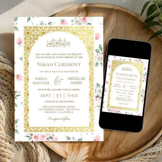 Blush Roze Bloemen Goud Patroon Moslim Bruiloft Kaart